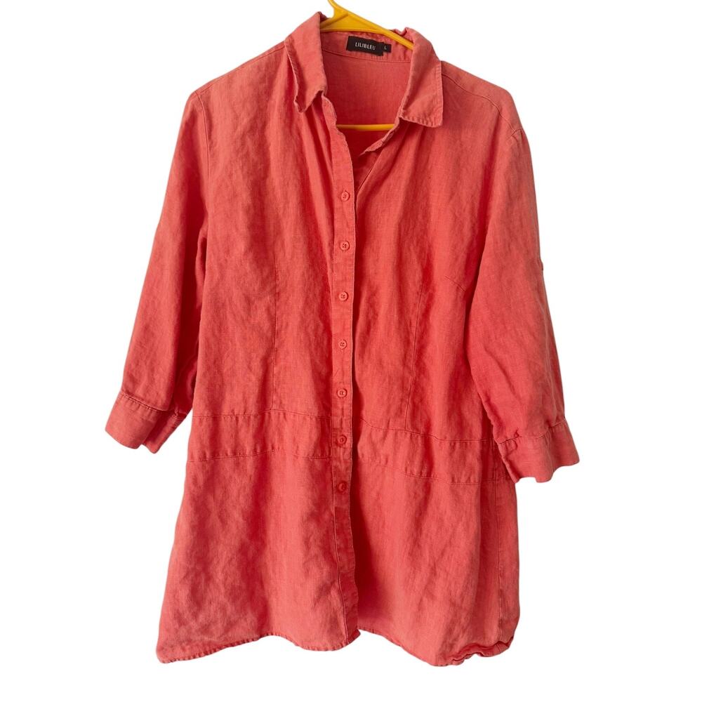 Lilibleu 100% Linen 3/4 Sleeve Orange Button Front Shirt Women's Size Large